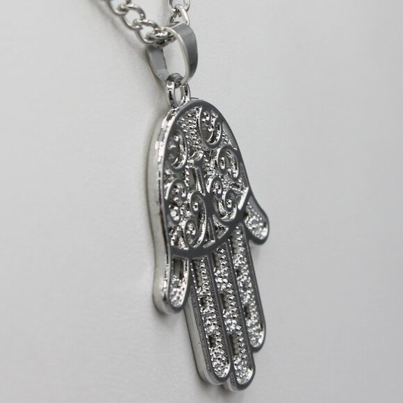 Jewelry necklace chain Hamsa hand protection white gold tone fashion brand new - Picture 3 of 5